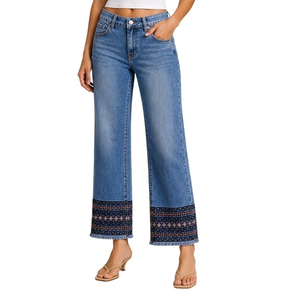 Flamingals Embroidered Hem Straight Leg Jeans Blue Women's Small‎